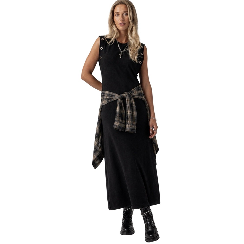 Saint + Sofia Rowan Maxi Black Dress Sleeveless Grommet Detail Edgy Grunge US 12